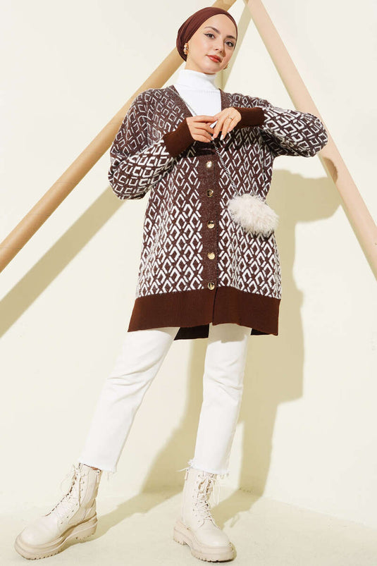 Diamond Pattern Bearded Buttoned Knitwear Cardigan Brown