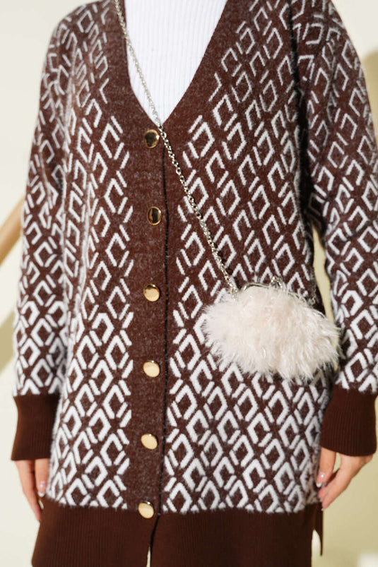 Diamond Pattern Bearded Buttoned Knitwear Cardigan Brown