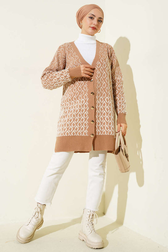 Diamond Pattern Bearded Buttoned Knit Cardigan Latte