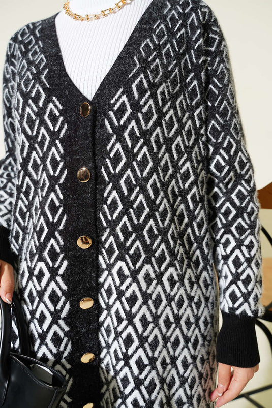Diamond Pattern Bearded Buttoned Knitwear Cardigan Black