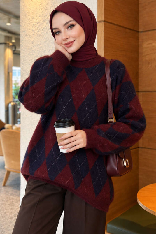 Burgundy Loose Fit Tunic With Baklava Pattern