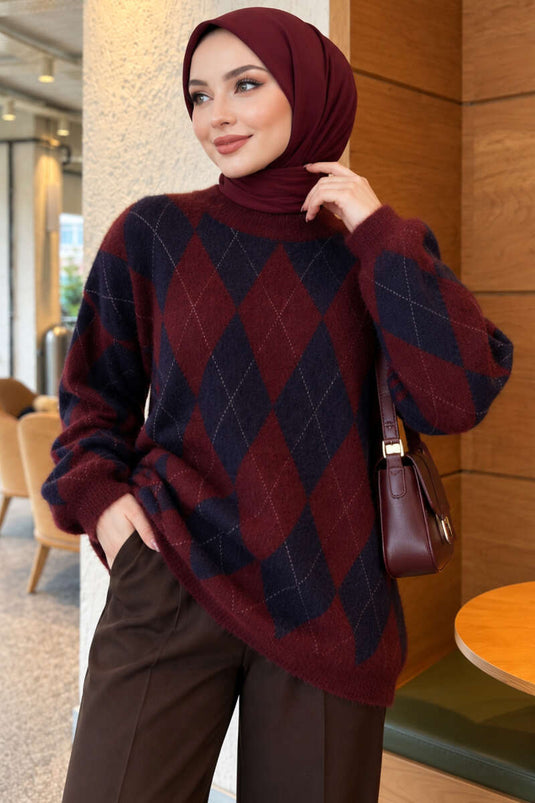 Burgundy Loose Fit Tunic With Baklava Pattern