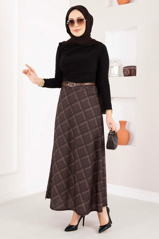 Jupe en scuba à motif baklava couleur café