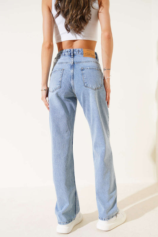 Baklava Pattern Embellished Wide Leg Jeans Light Blue