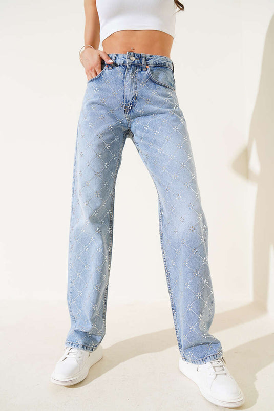 Baklava Pattern Embellished Wide Leg Jeans Light Blue