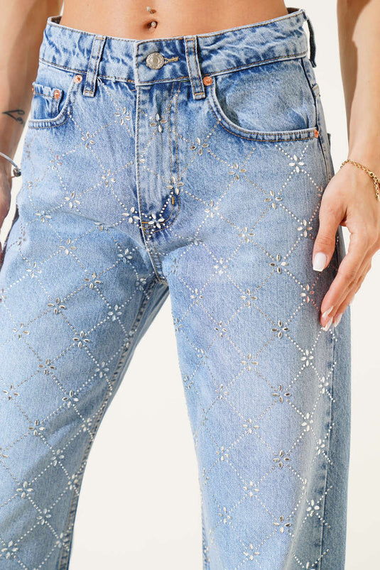 Jean à jambes larges bleu clair orné d'un motif baklava