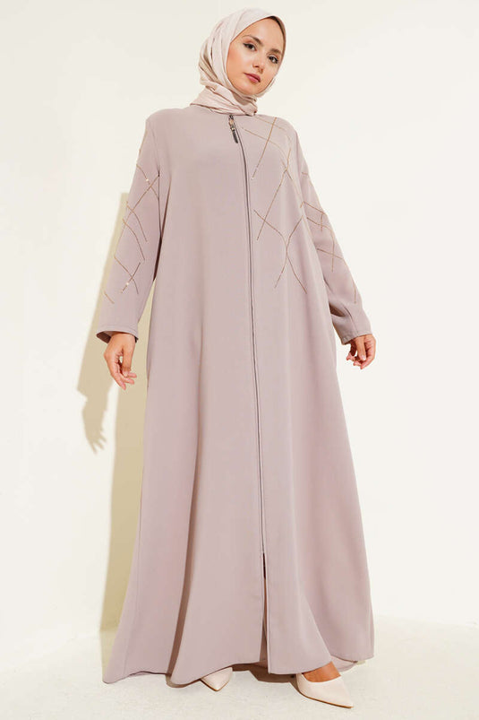 Baklava Pattern Embellished Zippered Abaya, Beige