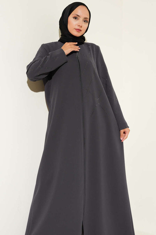 Abaya à fermeture éclair ornée de motifs baklava, couleur gris fumé