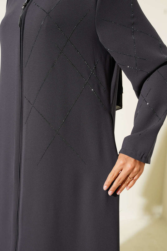 Baklava Pattern Embellished Zippered Abaya in Smoke Grey
