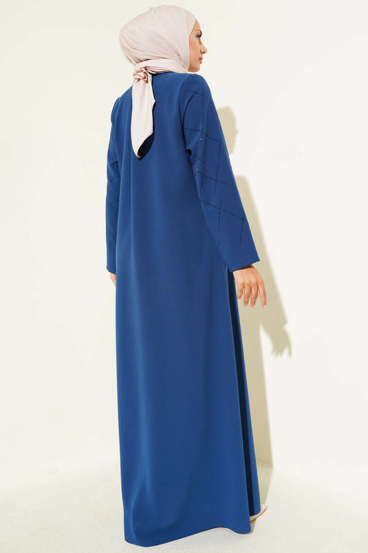 Abaya indigo ornée de motifs baklava et zippée