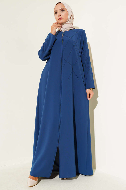 Baklava Pattern Embellished Zippered Abaya Indigo