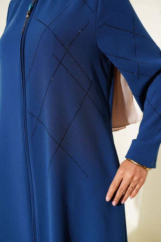 Baklava Pattern Embellished Zippered Abaya Indigo