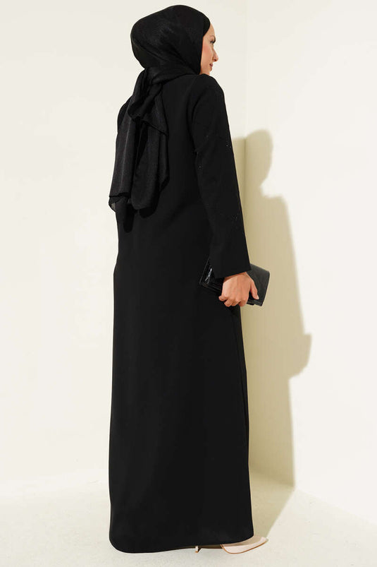 Baklava Pattern Embellished Zippered Abaya, Black