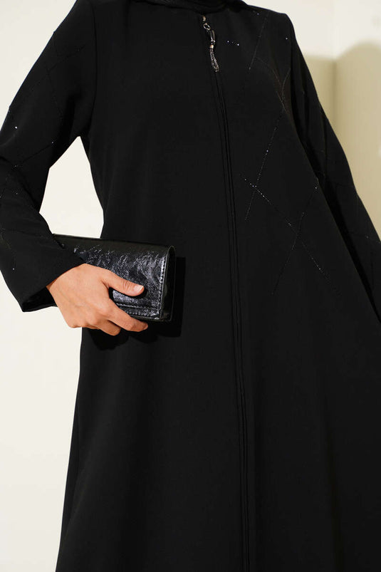 Baklava Pattern Embellished Zippered Abaya, Black