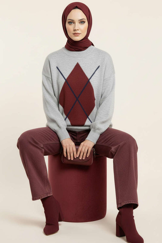 Baklava Desen Triko Kazak Gri Bordo