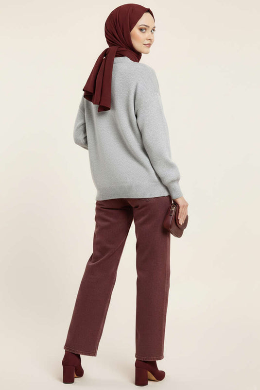 Baklava Desen Triko Kazak Gri Bordo