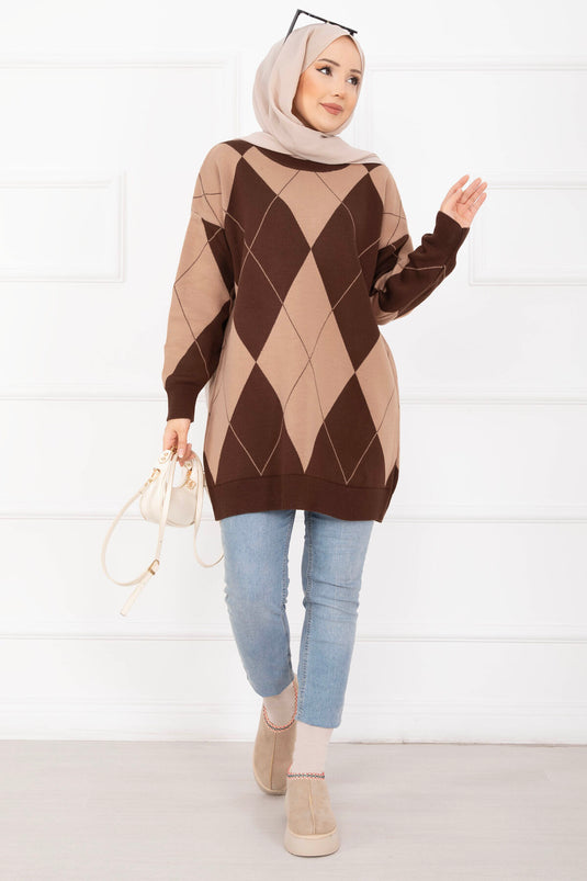 Baklava Desen Triko Kazak Kahve