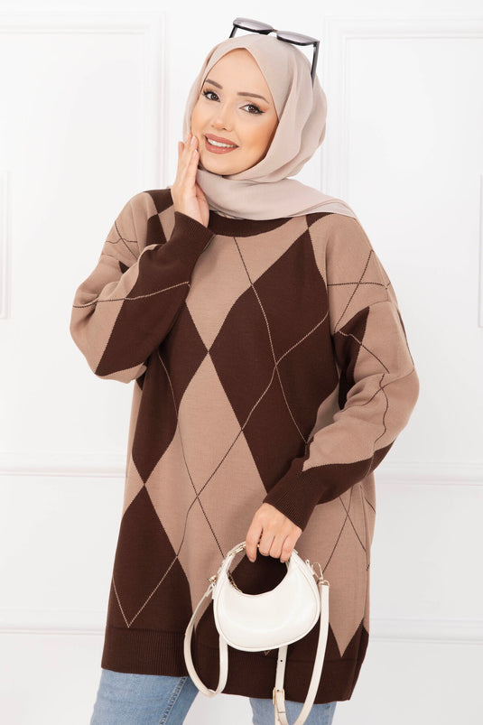 Baklava Desen Triko Kazak Kahve