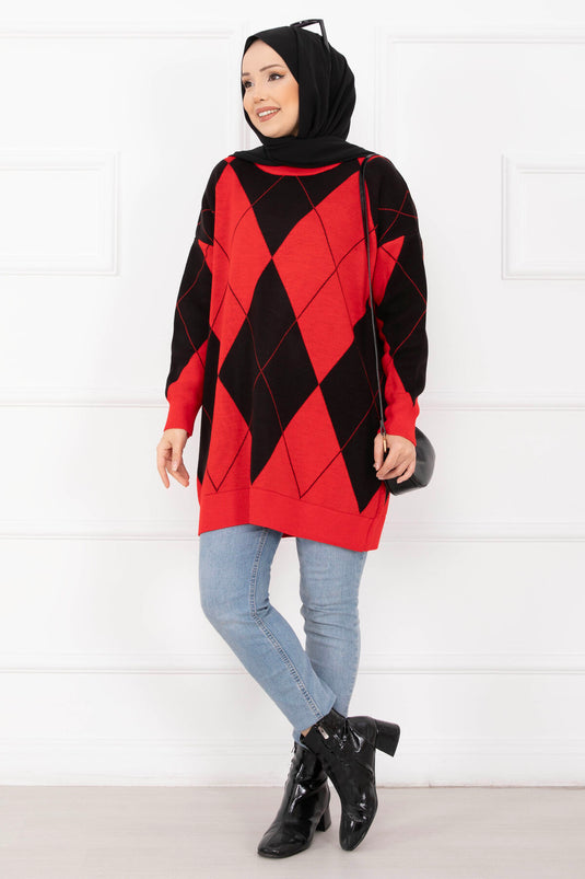 Baklava Desen Triko Kazak Kırmızı