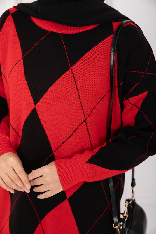 Baklava Desen Triko Kazak Kırmızı