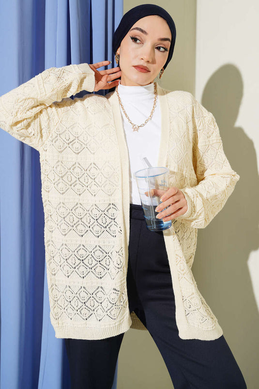 Baklava-Muster Strickjacke mit Lochmuster Beige