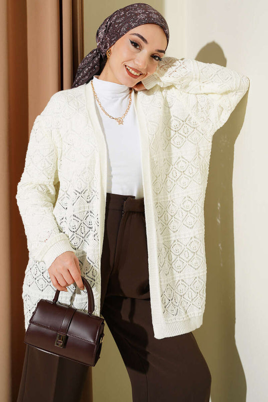 Baklava Patterned Openwork Knit Cardigan Ecru