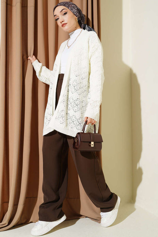 Baklava Patterned Openwork Knit Cardigan Ecru