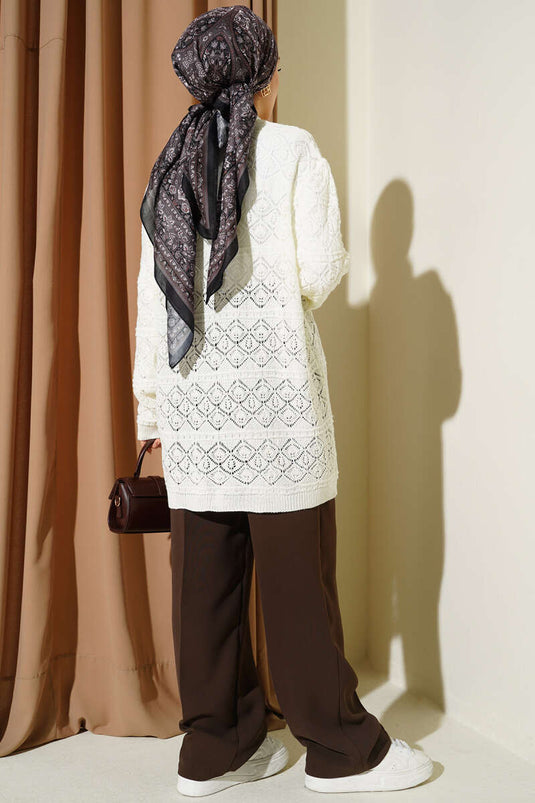 Baklava Patterned Openwork Knit Cardigan Ecru