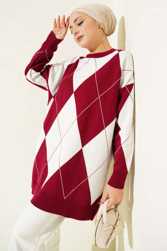 Burgunder Muster Basic Strick Tunik