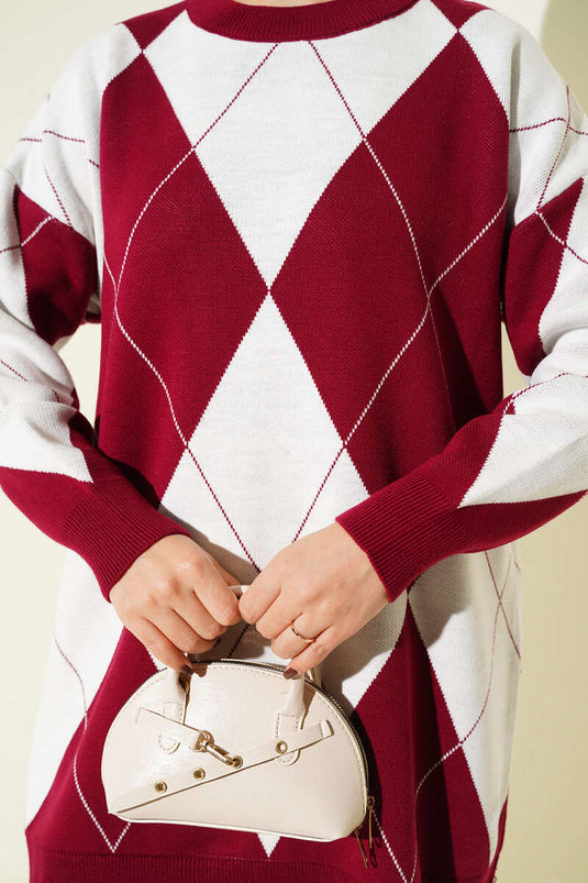 Baklava Desenli Basic Triko Tunik Bordo