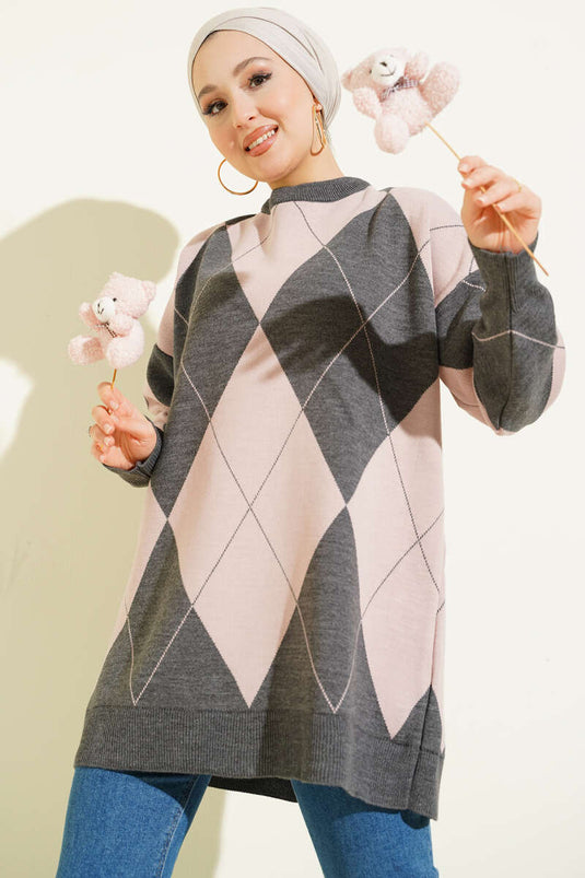 تونيك أساسي محبوك بنقشة البقلاوة، رمادي دخاني