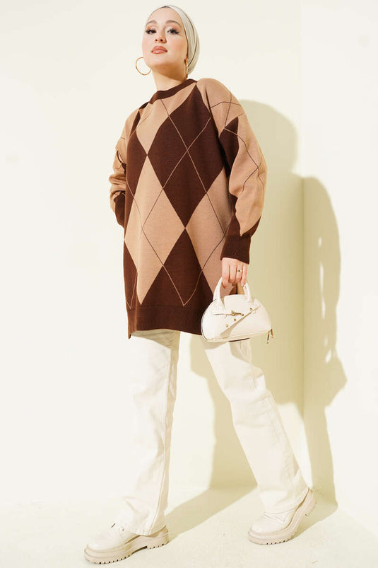 Baklava Desenli Basic Triko Tunik Kahve