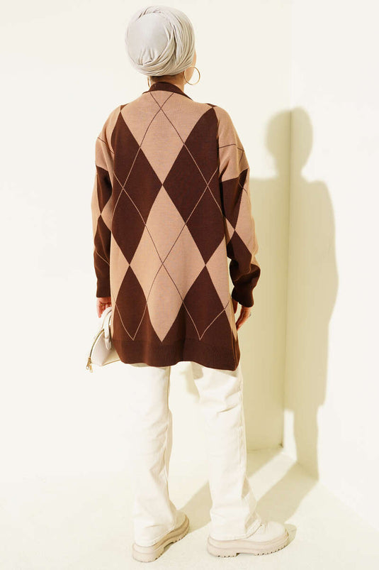 Baklava Desenli Basic Triko Tunik Kahve