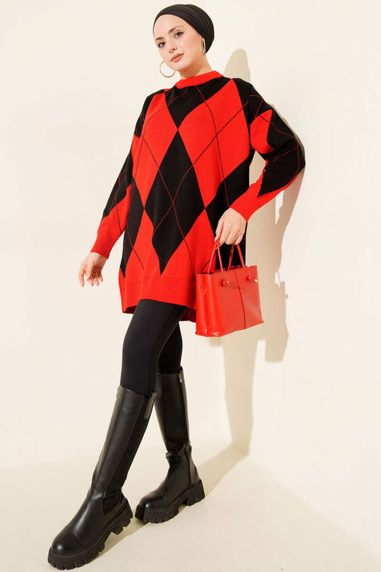 Baklava-Muster Basic Strick Tunika Rot