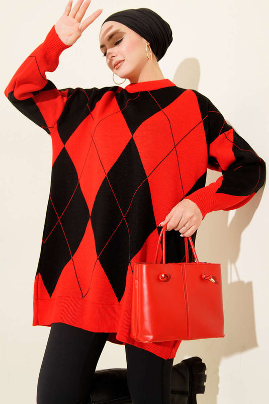 Tunique basique en tricot à motif baklava rouge