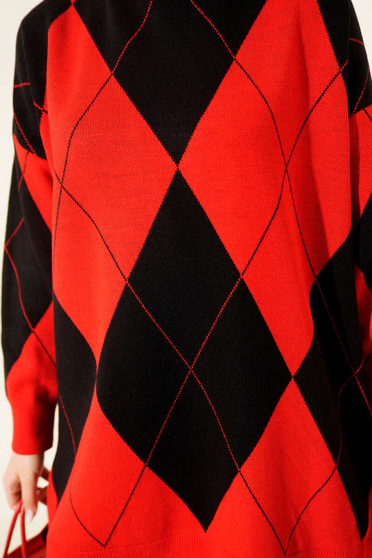 Tunique basique en tricot à motif baklava rouge