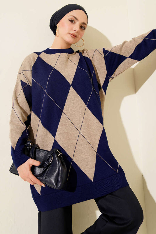 Baklava-Muster Basic Strick-Tunika-Kleid