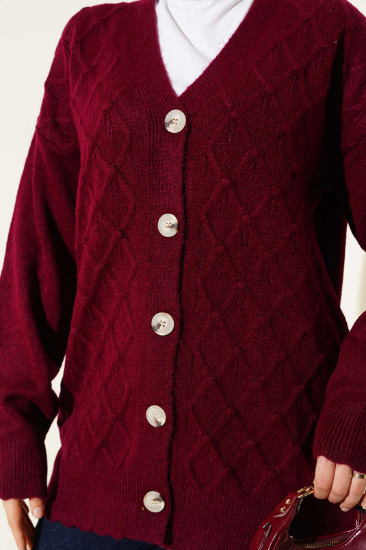 Baklava-Muster, geknöpfte Strickjacke, burgunderrot
