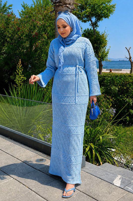 Blaue Baby-Doppelstrickkleid Mit Batikmuster Und Futter
