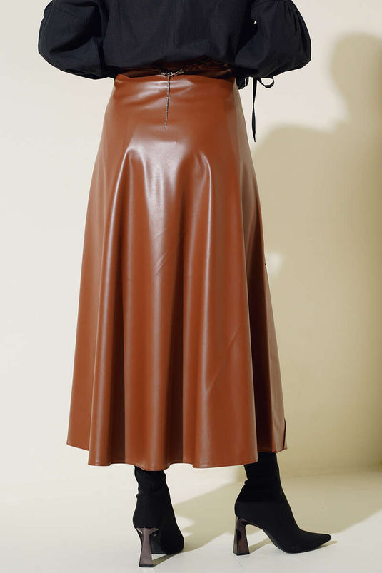 Diamantmønstret bæltede lædernederdel Tan