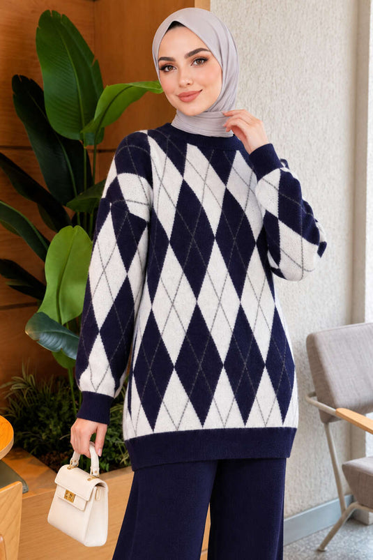 Navy Blue Patterned Knit Two-Piece Set