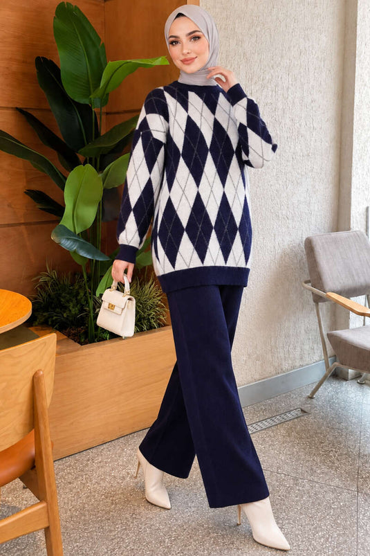 Navy Blue Patterned Knit Two-Piece Set