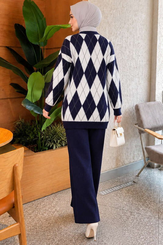 Navy Blue Patterned Knit Two-Piece Set