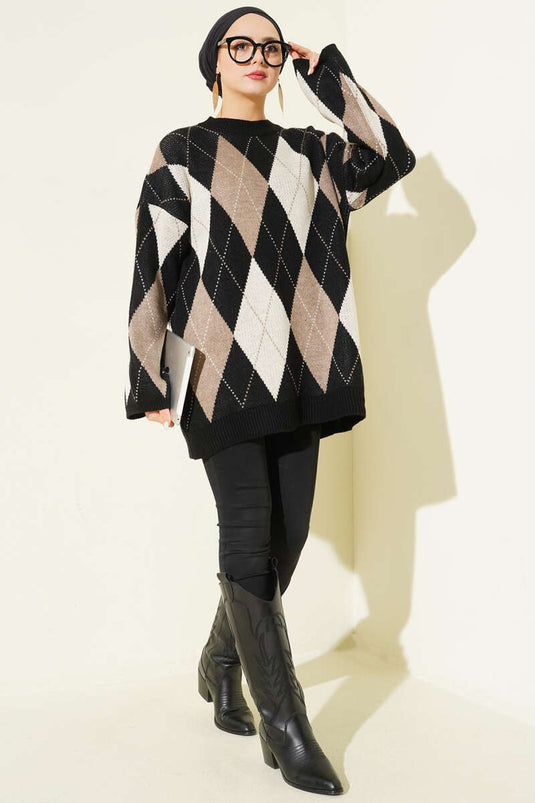 Schwarze Gemusterte Stricktunika