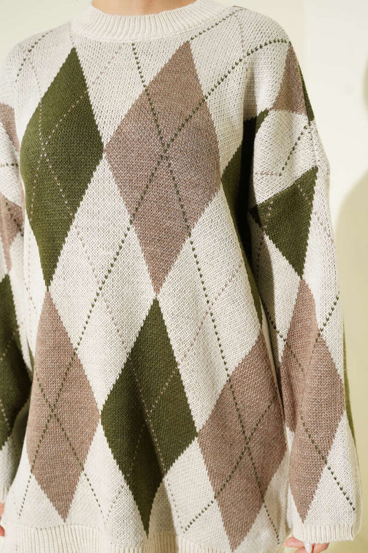 Beige Gemusterte Stricktunika