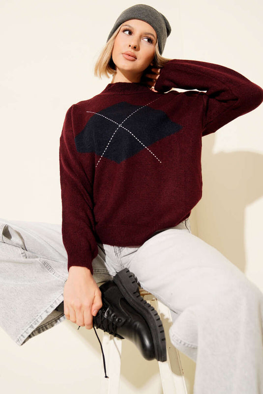 Baklava Detaylı Çizgili Triko Kazak Bordo