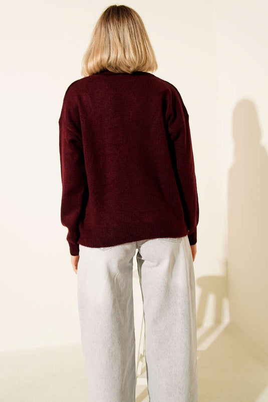 Baklava Detaylı Çizgili Triko Kazak Bordo