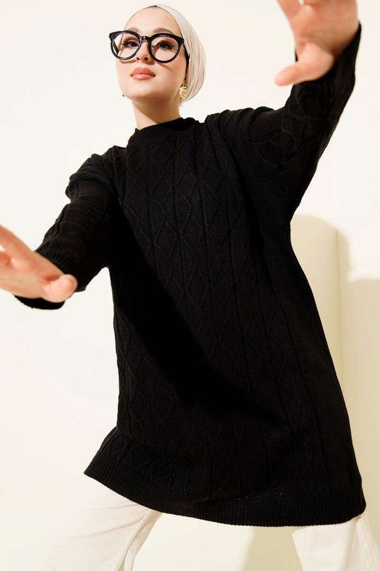 Baklava Patterned Loose Knit Tunic Black