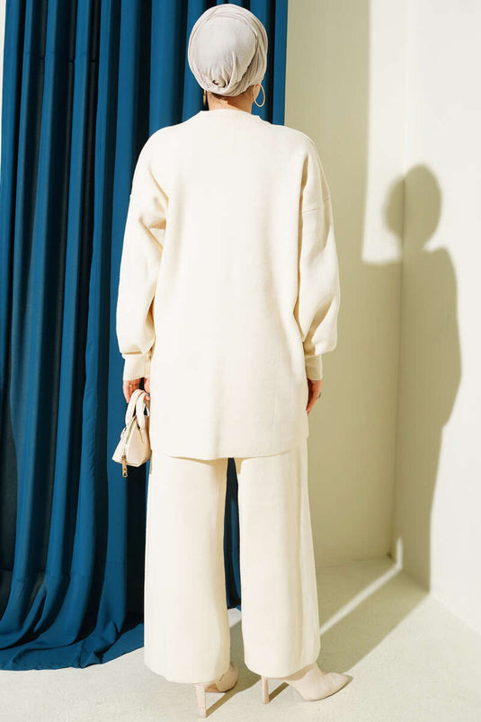 Baklava Embossed Stone Embellished Knit Two-Piece Set, Beige