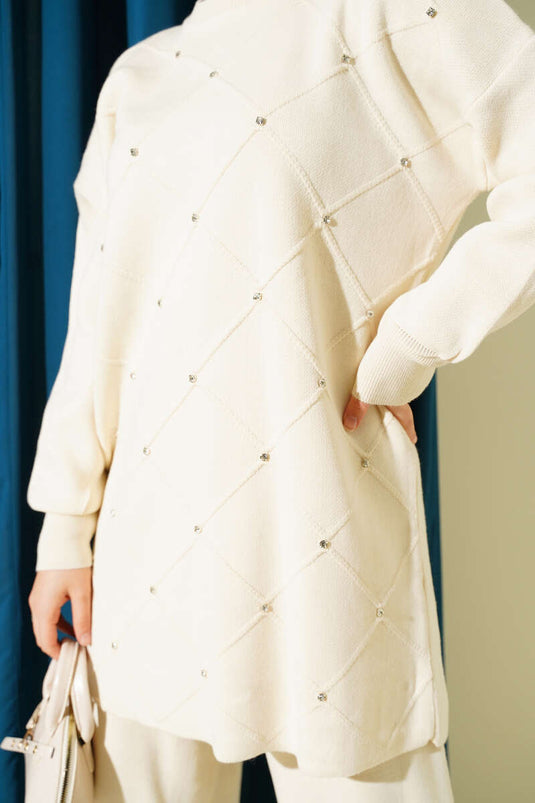 Baklava Embossed Stone Embellished Knit Two-Piece Set, Beige